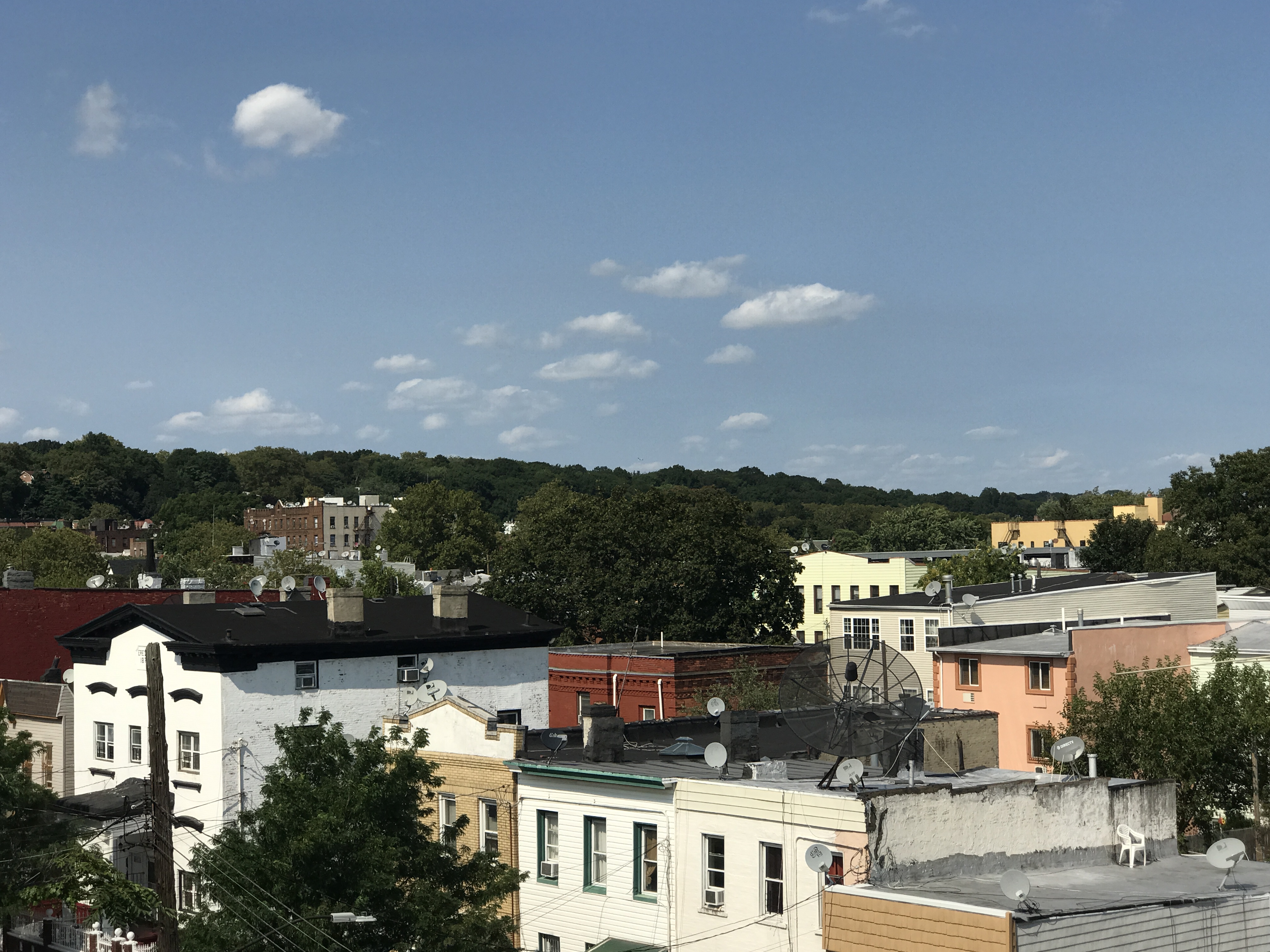 Image of rooftops and a mountain in the distance